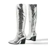 Buty 2024 Wielki rozmiar 43 wysokiej jakości kwadratowe obcasy metaliczne Rosyred Silver Cowboy Women Zipper Knee Western But Buty