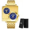 Montres-bracelets Golden Luxury Quartz Montre pour hommes Square Dual Time Zone Creative Big Clock Full Steel Sport Montres Lumineux Pointeur Reloj