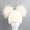 Dois pompom chapéu de pele bebê menino menina gorro de malha inverno para crianças duplo real natural pom 240227