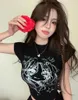 Mulheres Camisetas Kusahiki Cartoon Impresso Meia Gola Alta T-shirt de Manga Curta para Mulheres Verão Sexy Slim Cintura Apertado Spicy Girl Niche Y2K