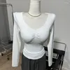 Женские футболки, оптовая продажа, наплечники с v-образным вырезом, тонкие женские весенние 2024, высокоэластичный топ, плиссированная однотонная рубашка с длинными рукавами