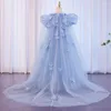 Girl Dresses Jill Wish Sky Blue Arabic Flower Crystal With Cape 3D Flowers Puff Sleeves For Kids Wedding Birthday Party J098