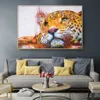 Pintura em tela de leopardo, pintura abstrata colorida de animais, posteres e impressões, arte de parede para sala de estar, decoração de casa 220r