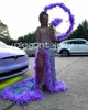 Lilac Purple Sparkly Mermaid Prom Formal Dresses for Women Luxury Diamond Crystal Feather Slit Evening Birthday Party Dress 2024