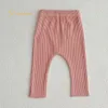 Byxor 2024 Spring Baby Girls Leggings Ribbed Pants Cotton Solid Lace Ruffle Toddler Striped Casual Kids Outfits