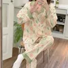 Women's Sleepwear Set Mujer Homewear Skin-friendly Size Top Pants Breathable Pajama Print Ruffle Plus Sleeve Long Cherry