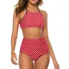 Kobiety w strojach kąpielowych Czerwone i białe kropka kropka bikini retro retro print wysoki talii kobiety seksowne eleganckie bikini zbite wydrukowane biquini