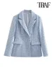 Traf Women Fashion Houndstooth Double Breasted Tweed Blazer Coat Vintage Long Sleeve Flap Pocket Female Outerwear Chic Veste 240229