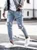 Men Jeans Streetwear Knee Ripped Skinny Hip Hop Fashion Estroyed Hole Pants Solid Color Male Stretch Casual Denim Big Trousers 230226