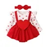 Rompers Baby Girls Valentine's Day Romper Dress Long Sleeve Ruffle Heart Letter Print With Headband