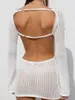 Vestidos casuais moda mulheres crochê bikini cover ups manga longa backless cor sólida maiô up mini vestido pele amigável