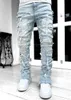 New mens denim straight leg pants Street fashion ins elastic patch denim straight leg pants 230817
