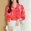 Women's Blouses Korean Fashion Office Ladies Work Silk Shirts Top Blouse Spring Autumn Long Sleeves Casual Loose Geometric Red