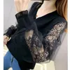 Spring Fall Fashion V Neck Mesh Lace Patchwork Chic Knitwear Women Casual Loose Long Sleeve Pullover Top Female Knitted Sweaters 240311