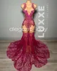 Robe de soirée sirène scintillante rose Fuchsia pour femmes, tenue de luxe en diamant Gillter noire, robe de bal d'anniversaire, maille transparente