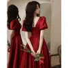 Runway Dresses A Line Burgundy Satin Prom Dress V Neck Pleat Bow Pearl With Puff Sleeve Vintage Long Simple Formal Party Celebrity Evening