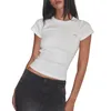 Camiseta feminina justa com nervuras, manga curta, tops curtos para mulheres, bordado, laço, gola redonda, camiseta básica, top de verão