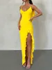 Casual Dresses Women Summer Sleeveless Ruffled Maxi Dress Fishtail Hem Solid Color V-Neck Bodycon Party Cocktail Long