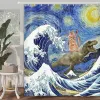 Gordijnen Grappige Dinosaurus en Kat In Japanse Kanagawa Golven Douchegordijn Waterdichte Stof Hilarisch Badkamergordijn met 12 Haken