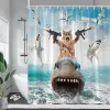 Cortinas engraçado gato equitação tubarão cortinas de chuveiro ondas do mar animais bonitos crianças criativas cortina de banho poliéster decoração do banheiro com ganchos