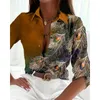 Kvinnors blusar Autumn Women Gem Peacock Feather Print Knappad långärmad skjorta 2024 Kontor Kvinnlig casual Turn-Down Collar Blus Top