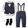 Bébé garçons costume formel à manches longues chemise à nœud gilet jarretelles pantalon gentleman vêtements ensemble enfants anniversaire fête de mariage vêtements 240308