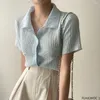 Bluzki damskie niebieskie słodkie topy 2024 Summer krótkie rękaw kobiety Korean Japan Preppy Style Office Girls Solid Button Biała koszula