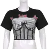 Élégant dame lettre imprimé maille chaîne t-shirts 2024 été femmes à manches courtes col rond noir Sexy Club fête rue culture hauts t-shirts