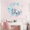 Watercolor Sleeping Baby Elephant on the Moon Wall Stickers With Flowers for Kids Room Baby Nursery Room Wall Decals PVC334B