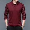 Spring Autumn Mens Pullover Turn-Down Collar Solid Pan Panel Randig långärmad t-shirt Polo Bottom Casual Formal Tops 240305