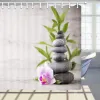 Stickande grön bambu zen duschgardiner set, spa stenar och orkidéer blommor polyester tyg badgardin med krokar badrumsdekor
