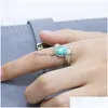 Cluster Ringen Retro Sier Feather Turquoise Ring Europa en Amerika Mode-engagement voor vrouwen Bruidssieraden Cadeau Groothandel Drop Del Dhlig