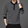 Moda Uomo Polo a righe Camicie Primavera Autunno Manica lunga Risvolto T-shirt in cotone Abbigliamento maschile T-shirt casual da lavoro 240309