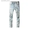 Männer Jeans Männer Kristall Löcher Ripped Patchwork Jeans Streetwear Hellblau Denim Dünne Dünne Bleistift Hosen Hosen L240313