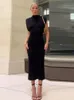 Modisches schwarzes, ultradünnes Midikleid mit O-Ausschnitt für Damen 2023, sexy, ärmelloses, eng anliegendes Kleid mit Schlitz, elegantes Büro-Damen-Straßenkleidungsset 240313