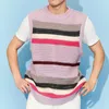 Débardeurs pour hommes Tops Printemps Hollow Stripe Knitwear Pull Gilet 2024 Contraste Couleur O Cou Casual Mode Coréenne Mâle Sans Manches Tees