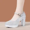 Chaussures de robe 9cm petite taille 32-43 argent peu profond bling mariage femmes plate-forme pompes 2024 bloc d'automne talons hauts bureau modèle fête