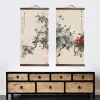 Kalligraphie chinesischer traditioneller Stil Blumentier Leinwand Heimdekoration für Wohnzimmer Schlafzimmer Wandkunst Bild Poster Holz Rollbilder