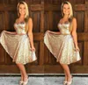 Sexy Rose Gold Sequin Short Prom Dresses V Neck Two Piece Formal Cocktail Party Dresses Cheap Glitter Evening Gowns Knee Length ho5948835