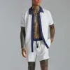 2023 летний пляжный костюм, модный лоскутный цвет, большой размер, мужская рубашка с коротким рукавом из двух предметов + шорты, повседневная Гавайская одежда