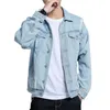 メンズジャケット秋のデニムジャケットフード付きスプリングコート色付きシングルブレストデザインリッピングパッチポケットカジュアル