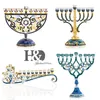 HD handbemalter Emaille-Blumen-Chanukka-Menorah-Kerzenständer mit 9 Zweigen, verziert mit Kristallen, Davidstern Hamsa2840