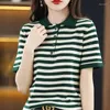 Women's Polos Tops Black Striped Clothing Red T-shirt Woman Short Sleeve Tee Polo Neck Shirts For Women Y2k Fashion Polyester Cotton Trend V