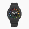 Herren-Sport-Regenbogenschwarz-Digital-Quarz-2100-Armbanduhr, Weltzeit, voll funktionsfähig, wasserdicht, LED-Automatik, Handanhebung, Serie Helleiche