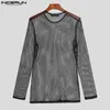 Party Nightclub Style Tops INCERUN Hommes Glitter Mesh See-through Camiseta Sexy Mâle All-match À Manches Longues Mince T-shirts S-5XL 240312
