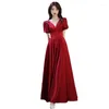 Runway Dresses A Line Burgundy Satin Prom Dress V Neck Pleat Bow Pearl With Puff Sleeve Vintage Long Simple Formal Party Celebrity Evening