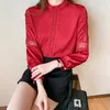 Spring Womens Long Sleeved Standing Neck French Bubble Sleeve Solid Lace Hollow Satin Chiffon Tops Blouse Blusas Camisas A869 240226