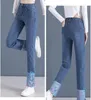 Jeans femininos bordados de seda patchwork feminino bstraight perna estilo chinês calça punhos calças jeans