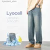 Mäns jeans märke kläder vår sommar mysig mjuk lyocell tyg mens jeans lösa breda ben byxor elastiska midja avslappnade byxor plus storlek l240313