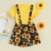 Set di abbigliamento 2 pezzi Completi estivi per neonate Top a costine a maniche corte Pantaloncini con bretelle girasole Set vestiti per bambini